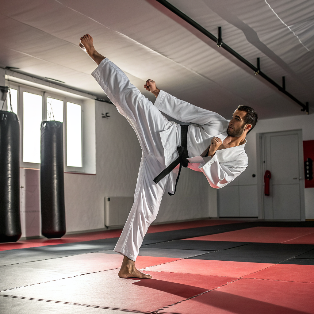 Atleta esegue calcio circolare durante allenamento di arti marziali in palestra a Bergamo