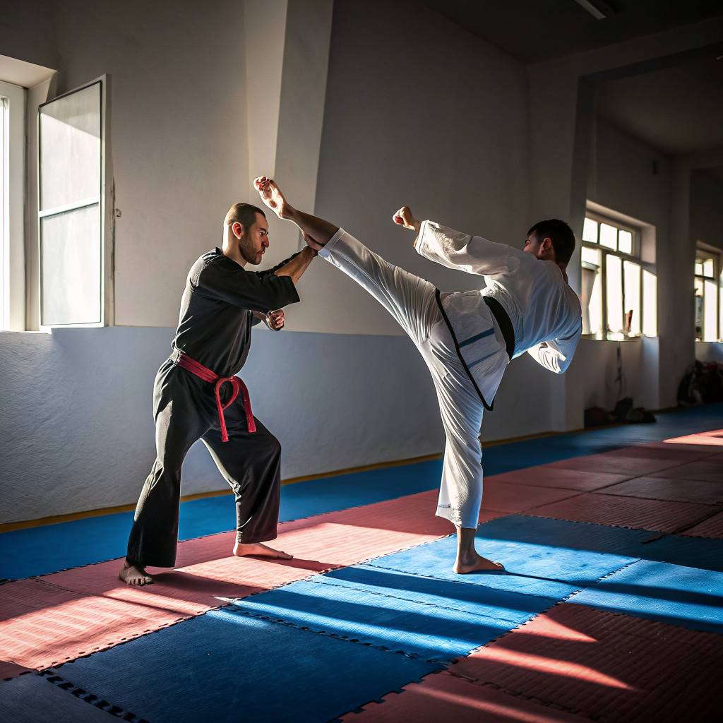 Atleta che pratica calcio circolare durante allenamento di arti marziali in palestra a Bologna
