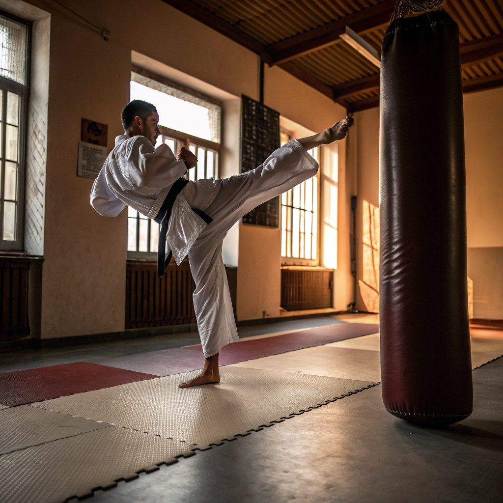 Praticante di arti marziali durante allenamento dinamico in palestra a Brescia