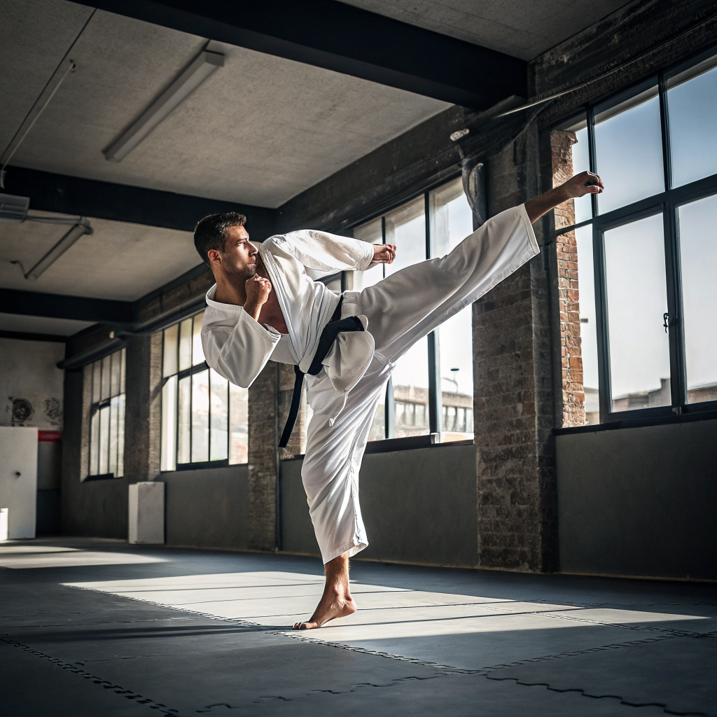 Praticante di arti marziali esegue un calcio dinamico durante un allenamento in palestra a Cagliari