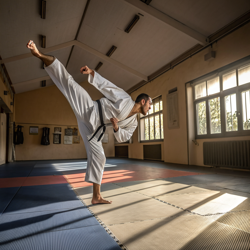 Praticante di arti marziali durante un calcio dinamico in palestra a Firenze