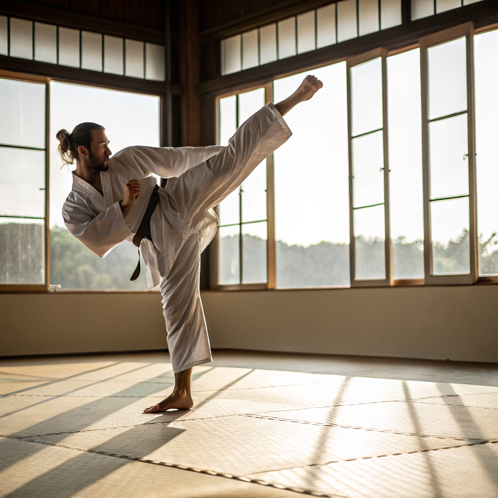 Praticante di arti marziali esegue un calcio laterale in una palestra di Milano