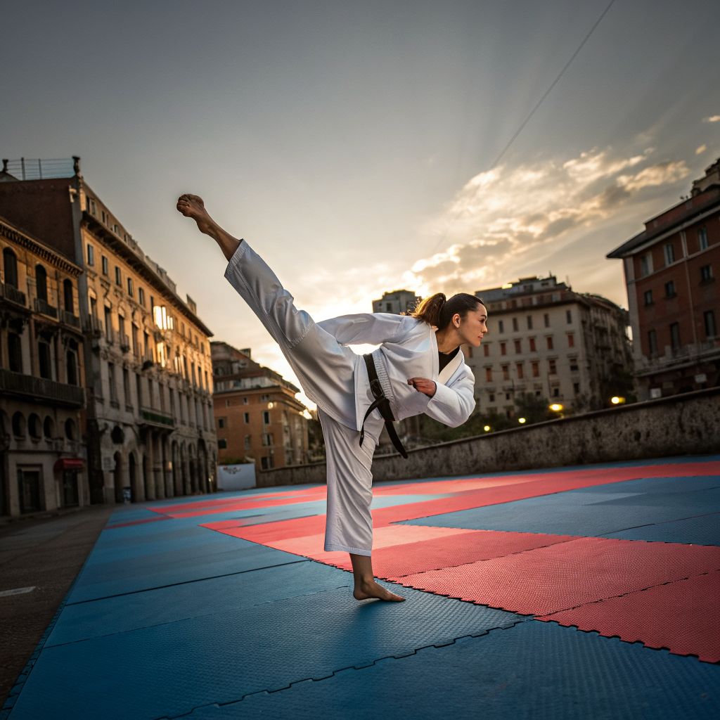 Praticante di arti marziali durante un calcio dinamico in un dojo a Torino