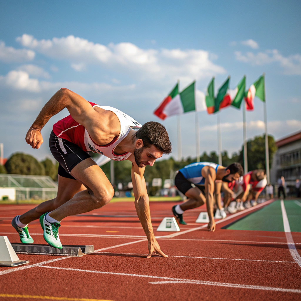 Atleta in partenza dai blocchi durante una gara di velocità su pista di atletica a Livorno