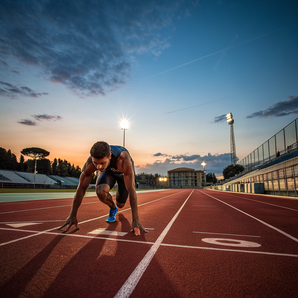 Atleta in azione su pista di atletica leggera a Padova durante allenamento