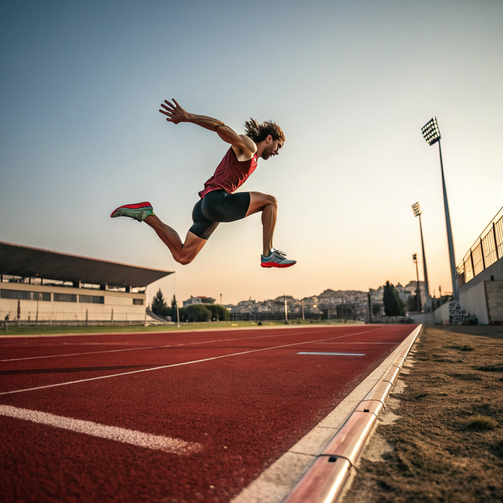 Atleta durante salto in lungo su pista di atletica a Piacenza