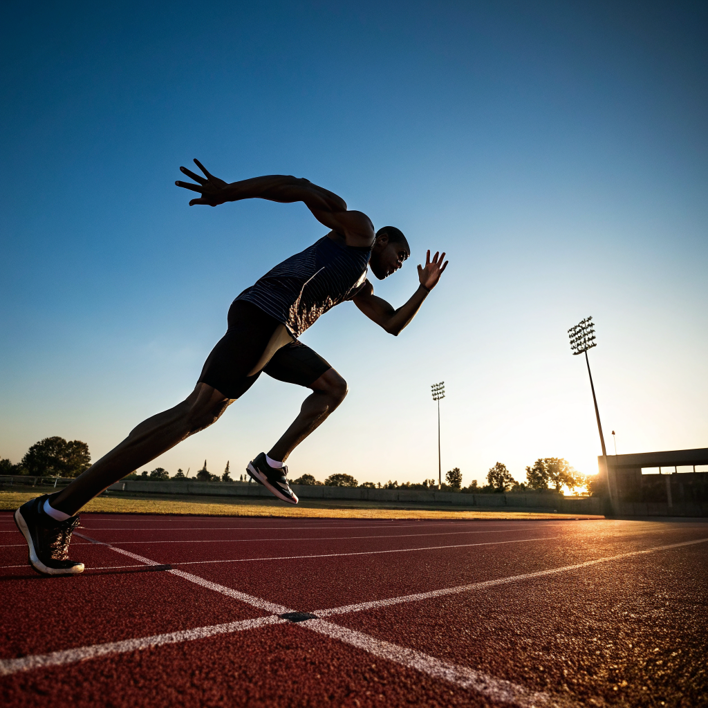 Atleta in azione durante allenamento di corsa veloce su pista di atletica a Ravenna