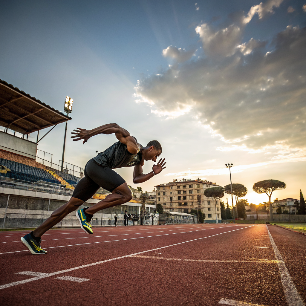 Atleta in azione durante allenamento di velocità su pista di atletica a Roma