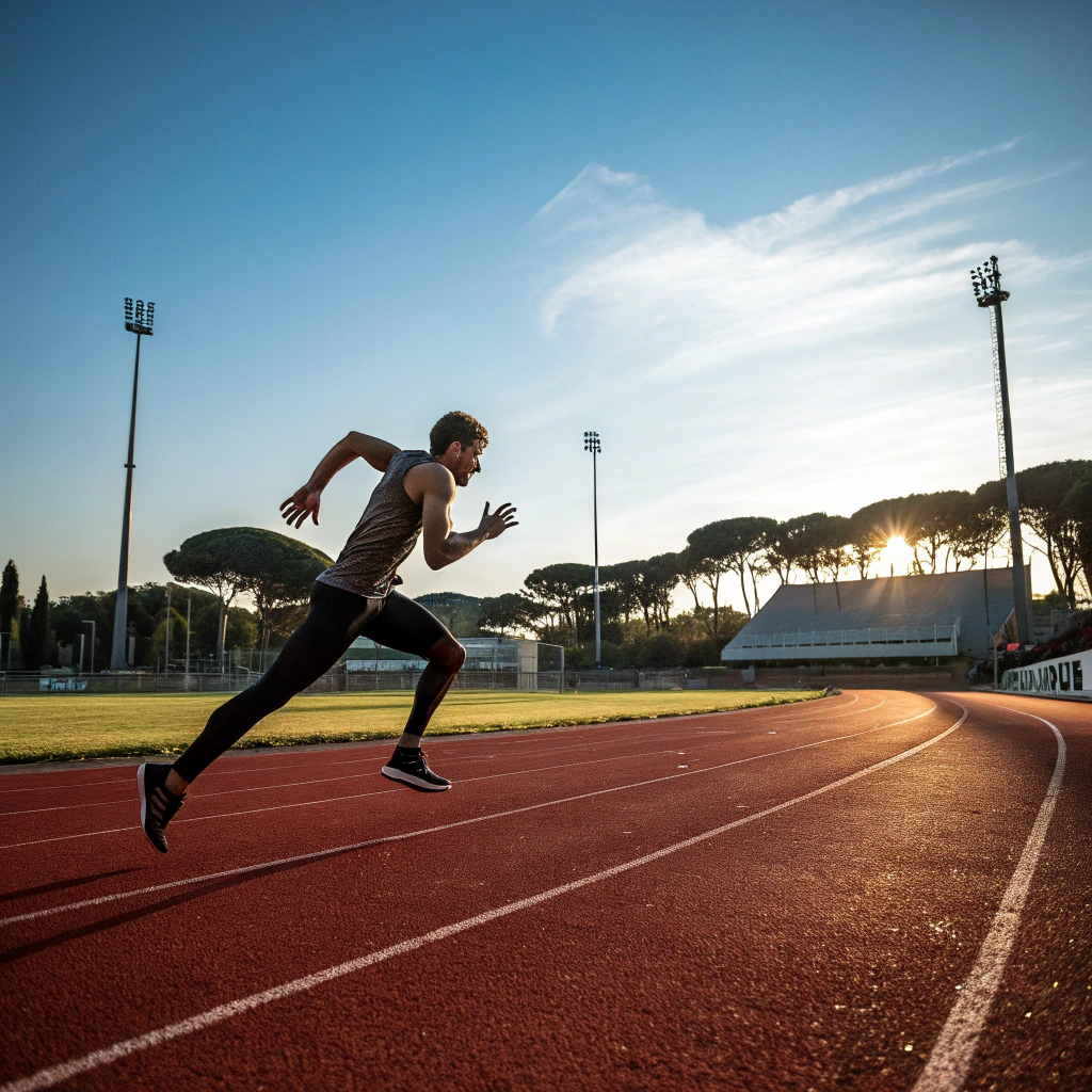 Atleta in azione durante allenamento di corsa su pista a Trieste