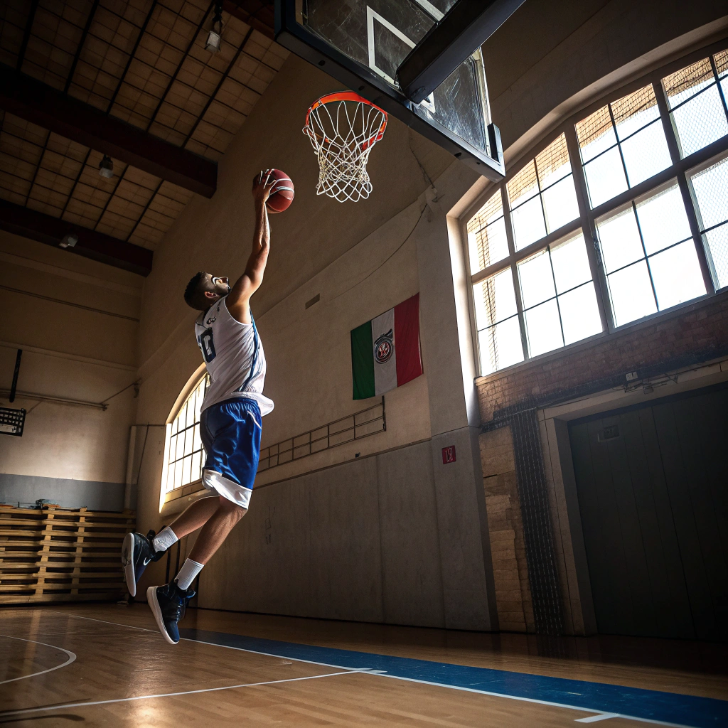 Giocatore di basket in azione durante un tiro in una palestra a Bergamo