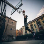 Giocatore di basket in azione durante un tiro in sospensione in una palestra a Lucca