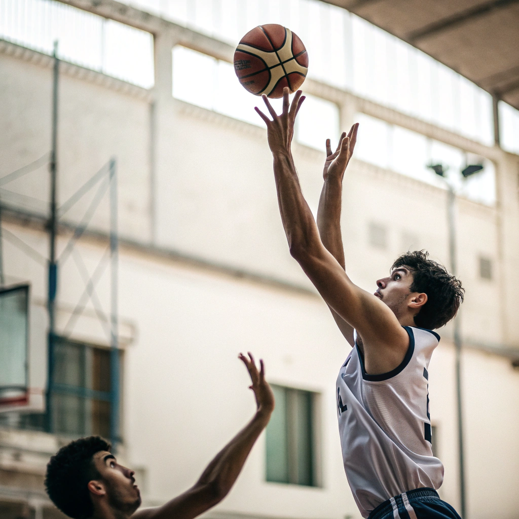 Giocatore di basket durante un tiro in sospensione su campo indoor