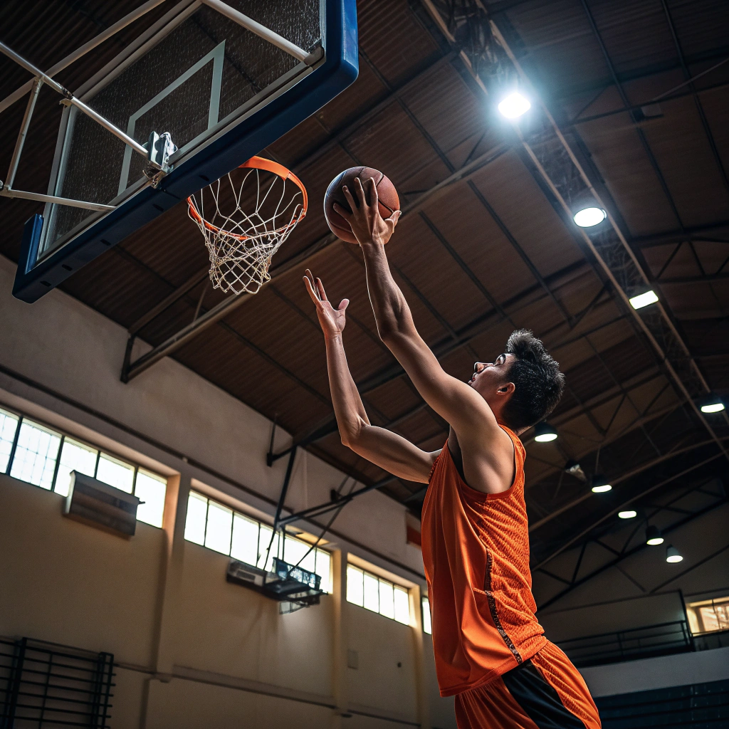 Giocatore di basket in azione durante un tiro in sospensione in palestra italiana