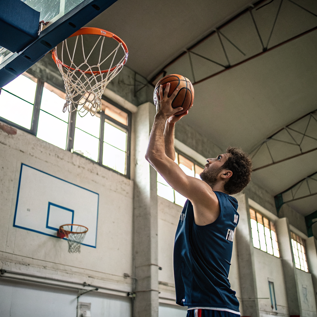 Giocatore di basket in azione durante un tiro in sospensione in una palestra a Terni