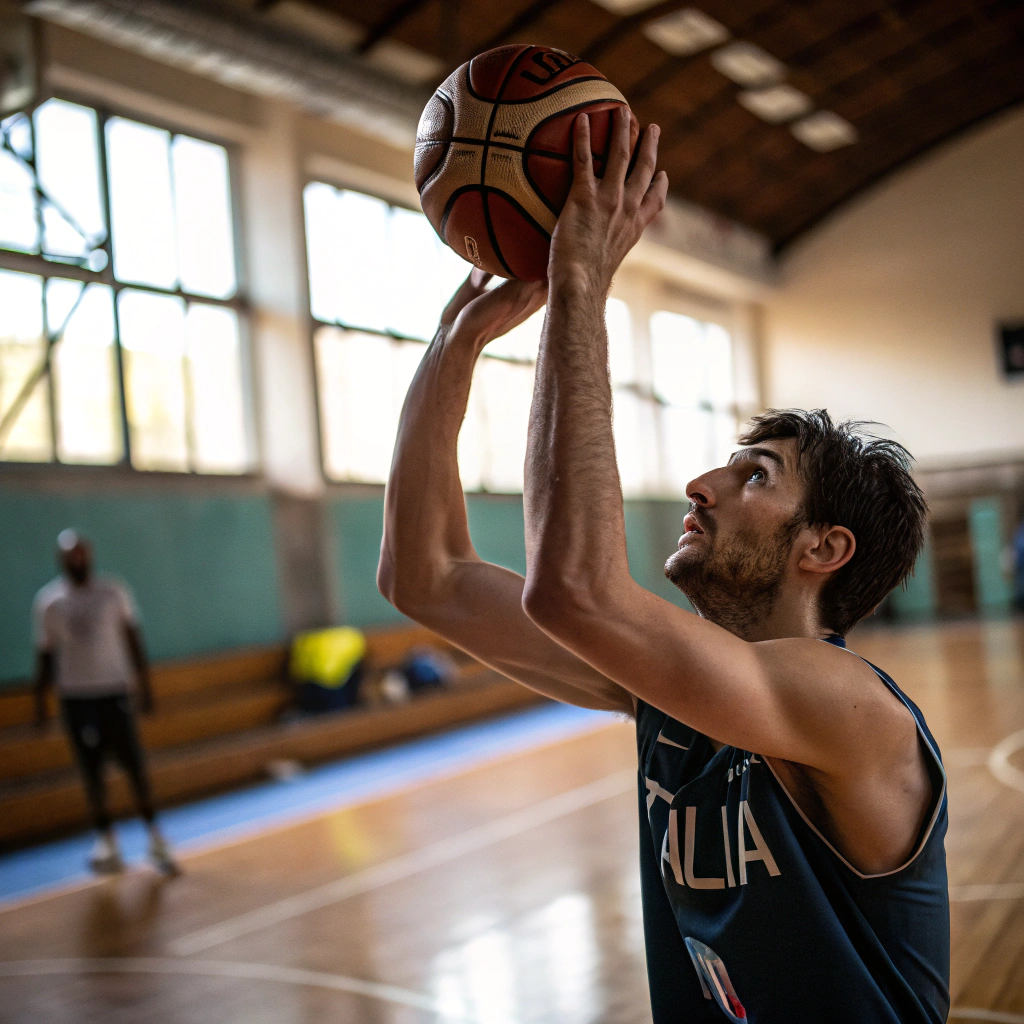 Giocatore di basket in azione durante un tiro in una palestra a Verona