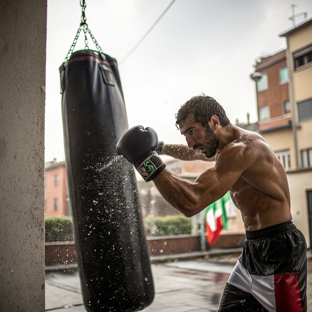 Atleta durante allenamento di boxe in palestra a Bari
