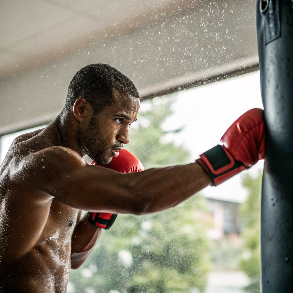 Allenamento di boxe in palestra a Bergamo con pugile che colpisce il sacco