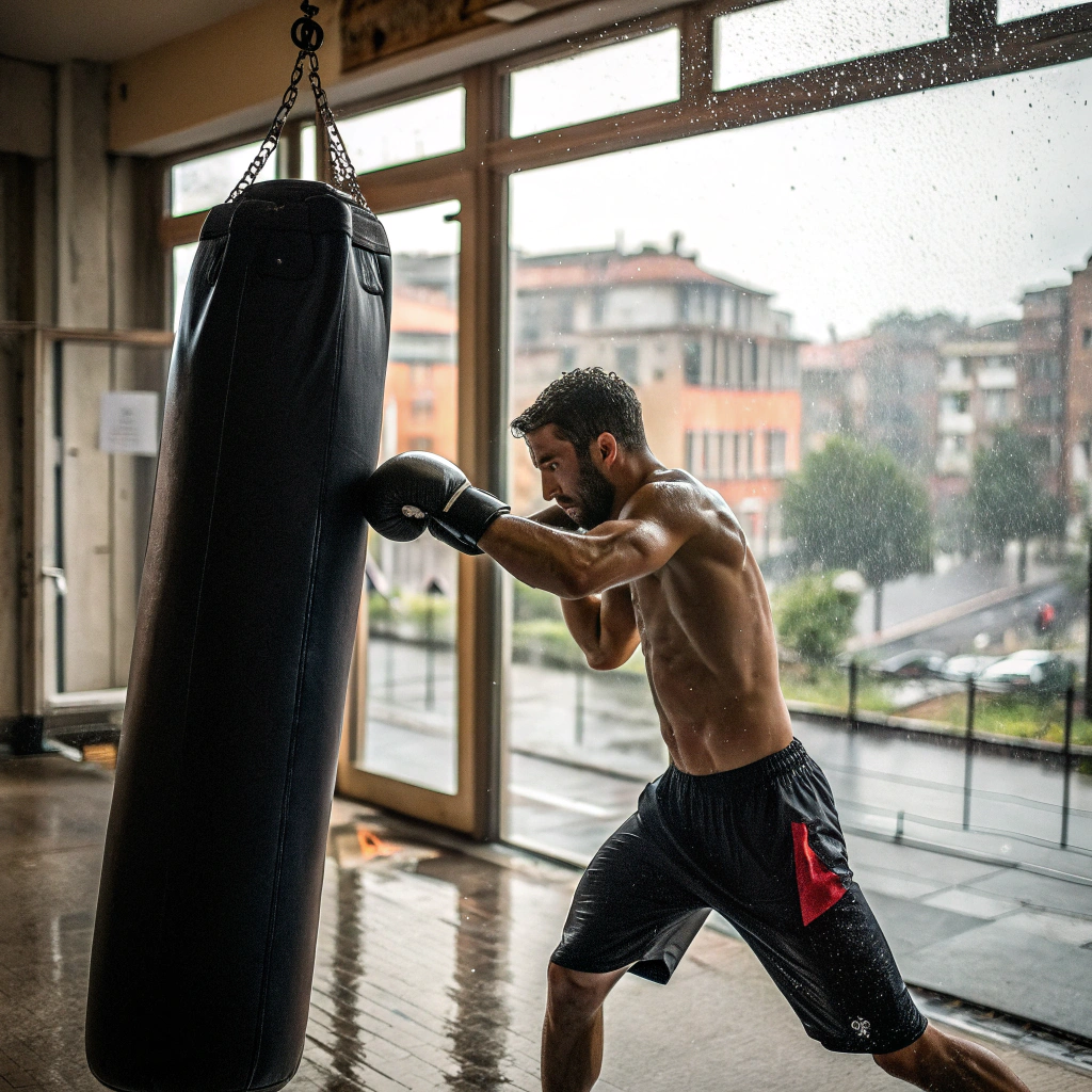 Pugile durante allenamento di boxe a Bologna, colpisce il sacco con tecnica e determinazione
