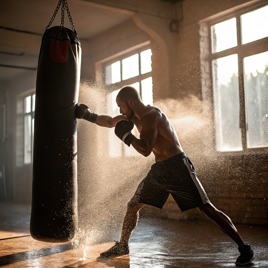 Pugile durante allenamento intenso al sacco in palestra a Lucca