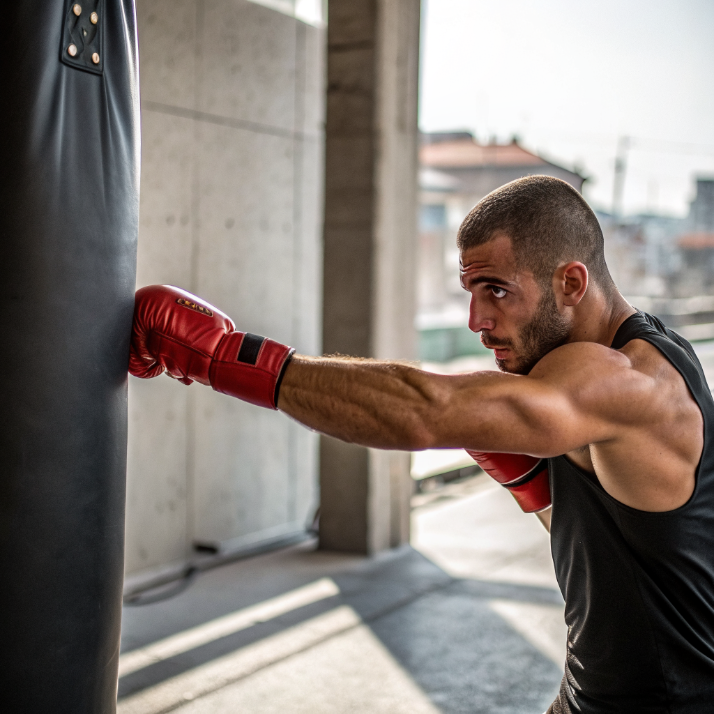Pugile che si allena al sacco durante un corso di boxe a Modena