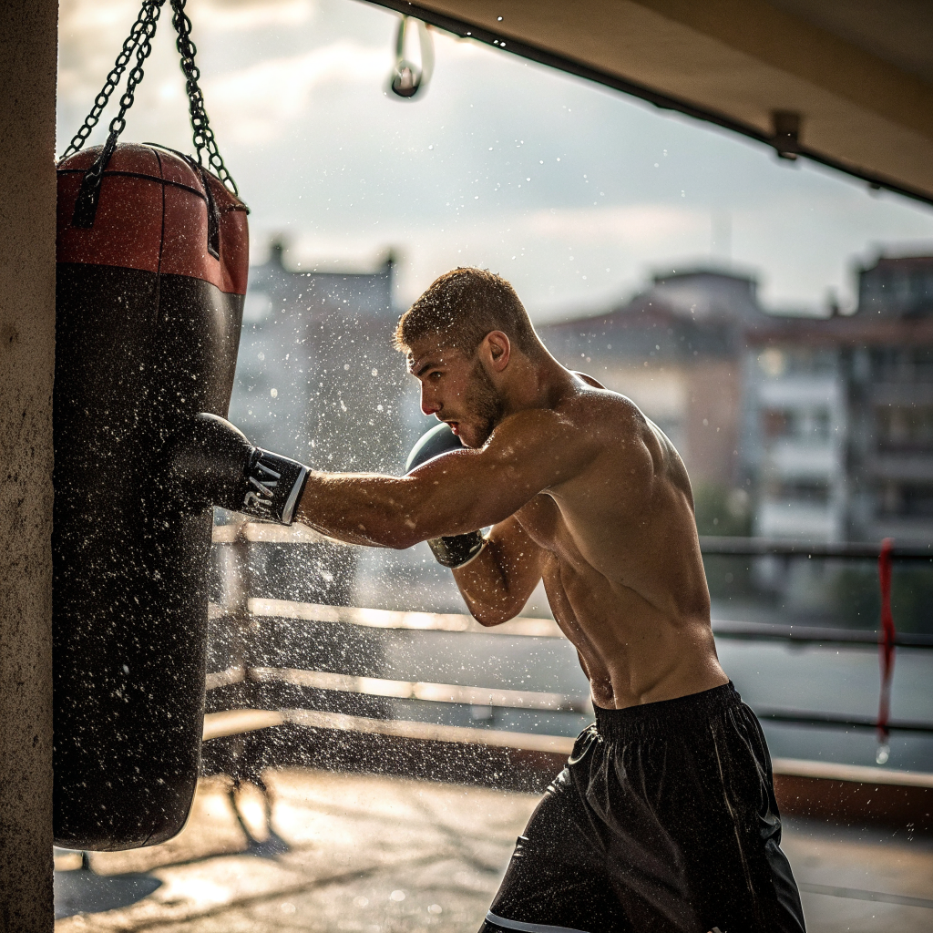 Allenamento di boxe in palestra a Napoli con pugile che colpisce il sacco