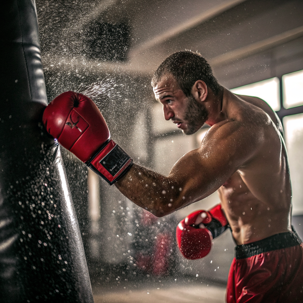 Allenamento di boxe a Padova con pugile che colpisce il sacco