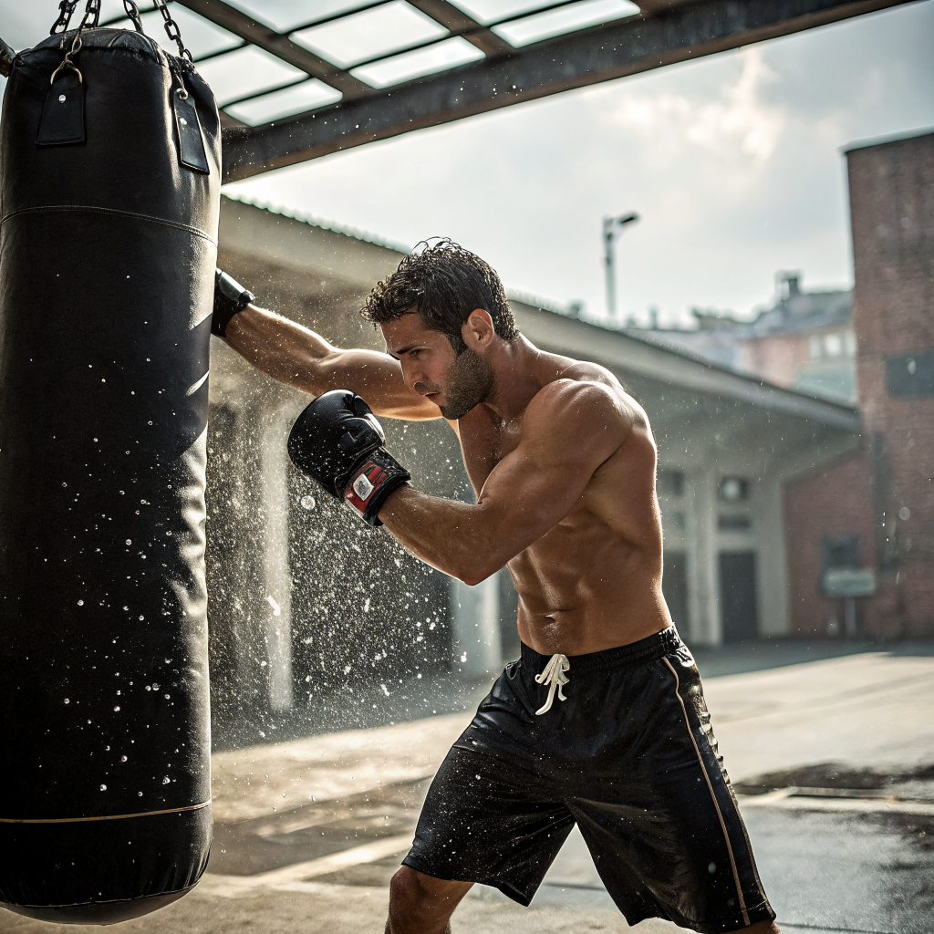 Atleta durante allenamento di boxe a Palermo, colpo al sacco in palestra