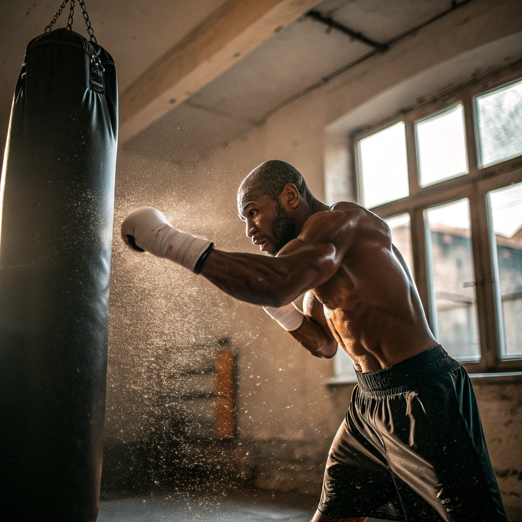 Pugile durante allenamento al sacco in palestra a Parma