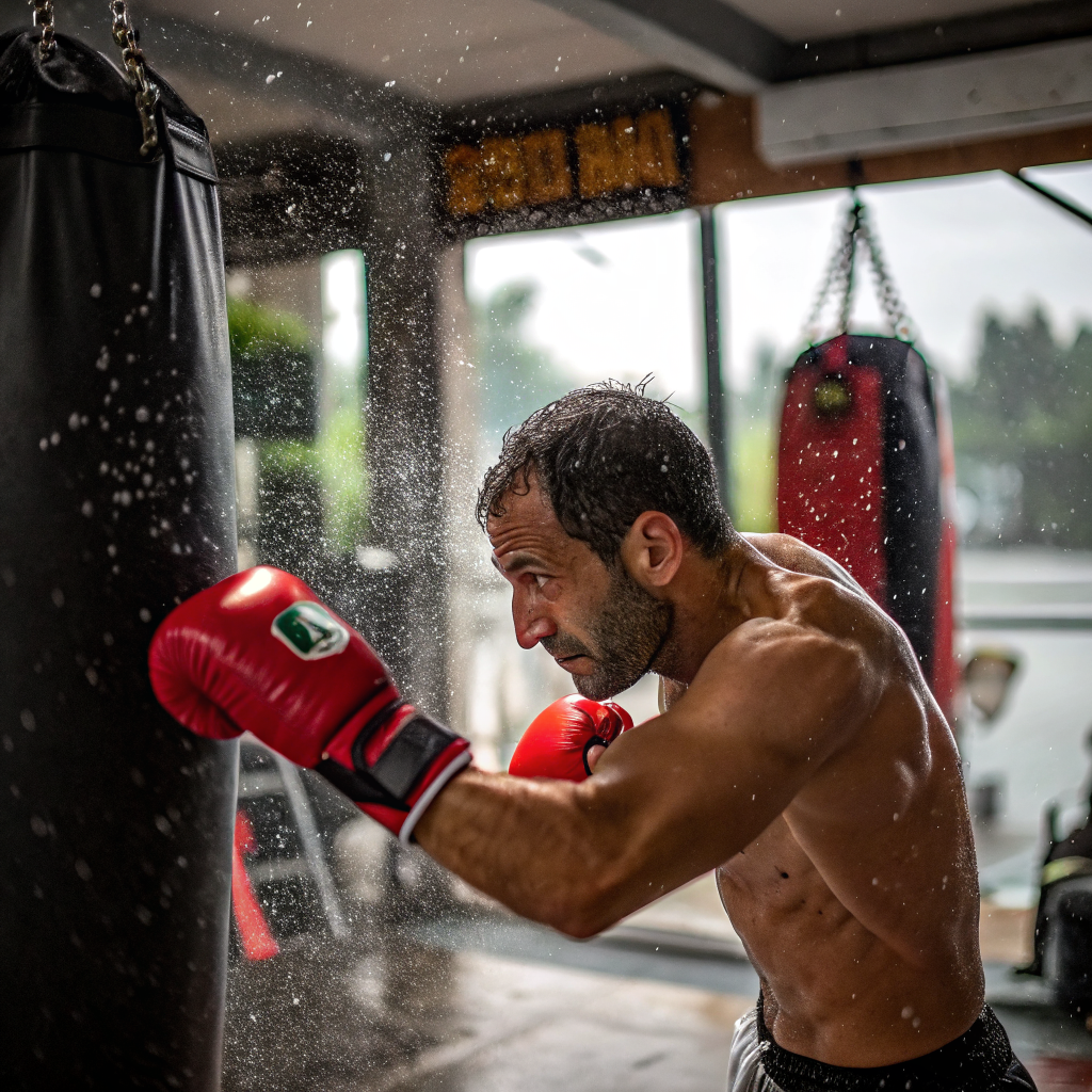 Pugile durante allenamento di boxe al sacco in palestra a Pavia