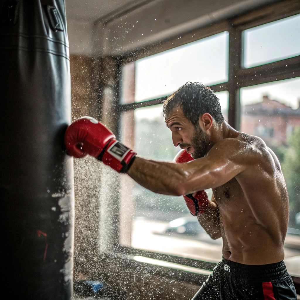 Pugile durante allenamento di boxe al sacco in palestra a Roma