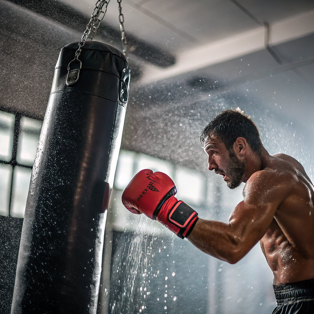 Pugile che colpisce il sacco durante allenamento di boxe in palestra a Torino
