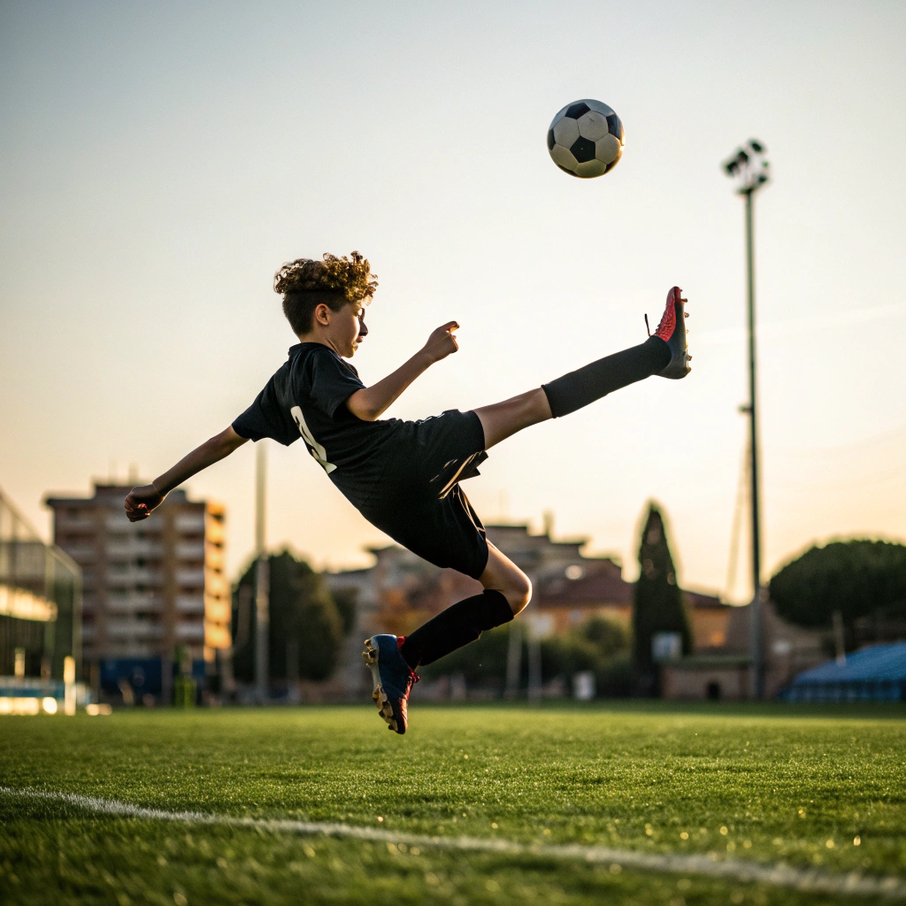 Giovane calciatore durante un tiro al volo su campo da calcio a Bergamo