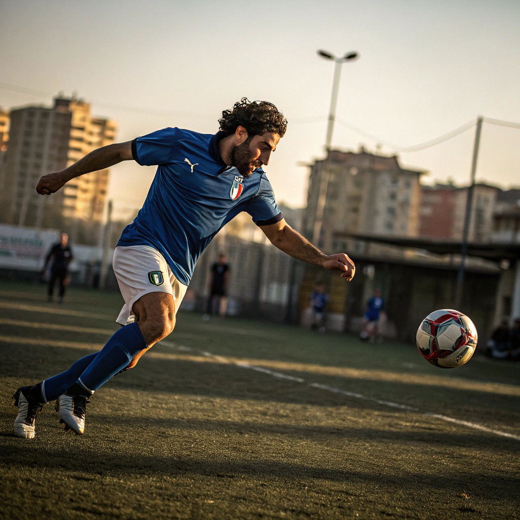 Giocatore di calcio in azione durante un allenamento a Sassari