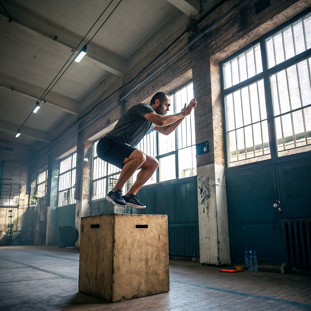 Atleta durante un allenamento di Crossfit a Bari che esegue un box jump