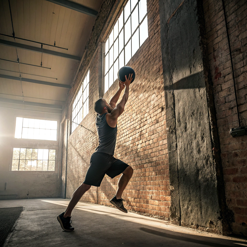 Atleta esegue wall ball shot durante allenamento crossfit in box a Bologna