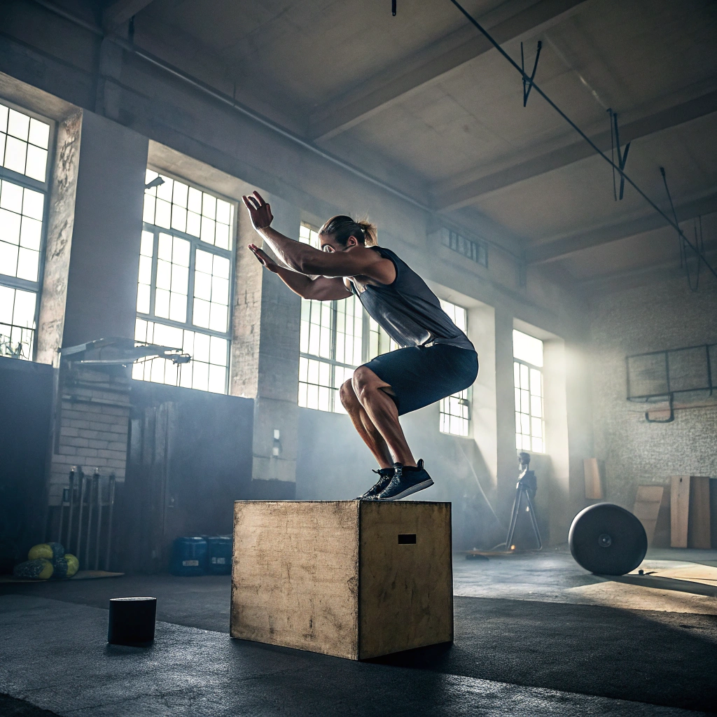 Atleta durante un allenamento di crossfit a Catania esegue un box jump