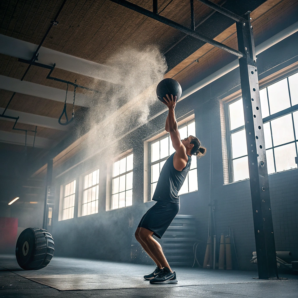 Atleta esegue wall ball shot durante allenamento crossfit in box a Genova