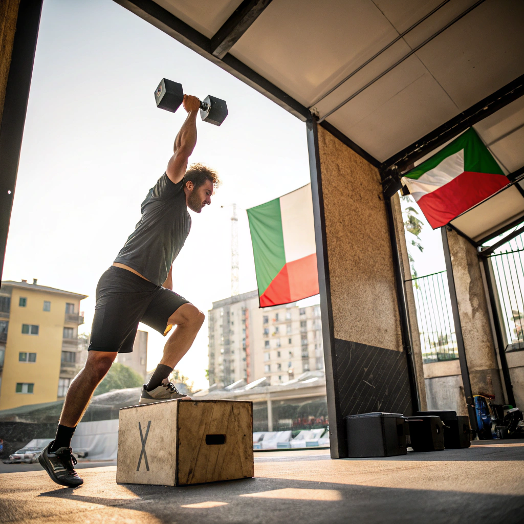 Atleta durante un workout di crossfit con bilanciere sollevato, box crossfit a Palermo