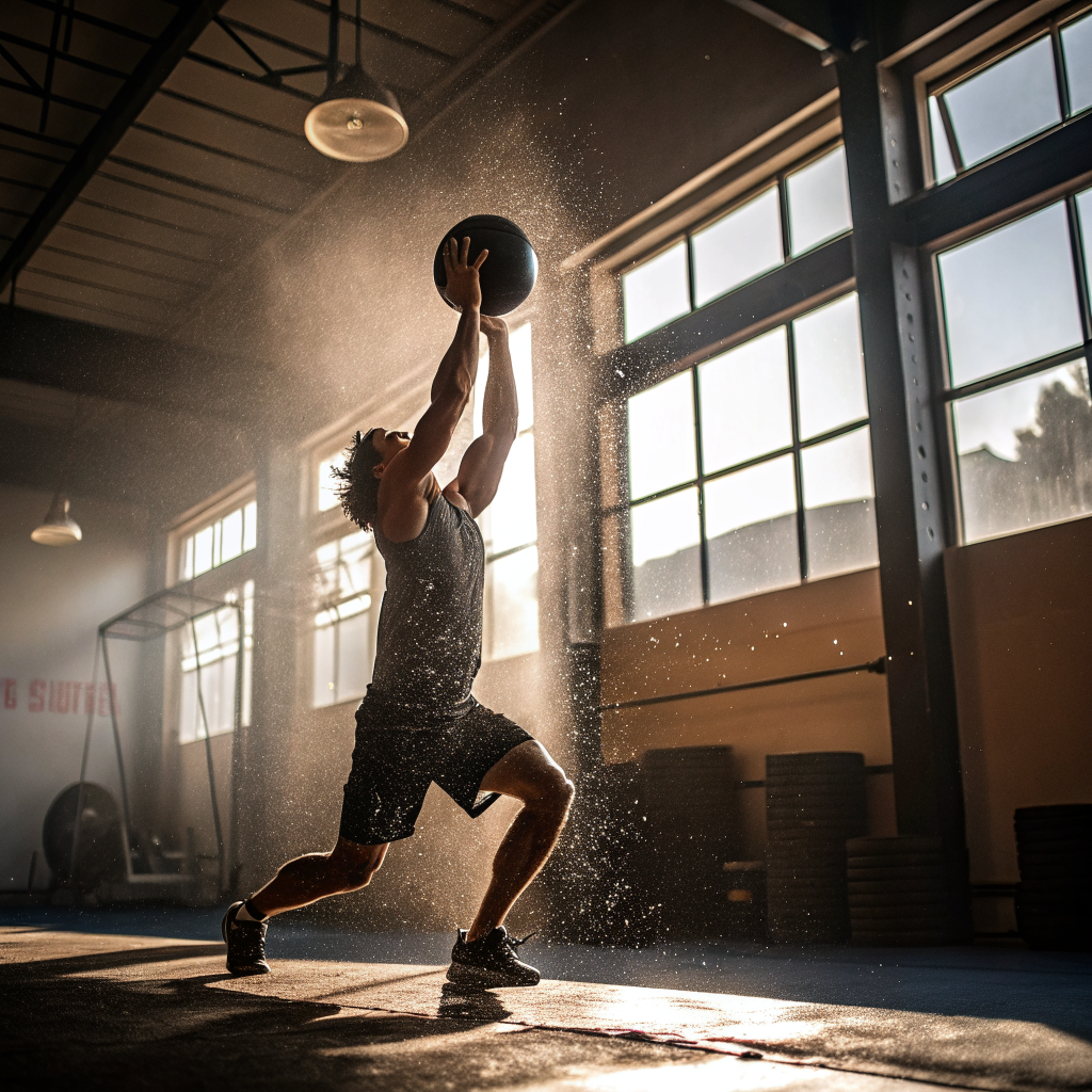 Atleta esegue wall ball shot durante allenamento crossfit in palestra a Pavia