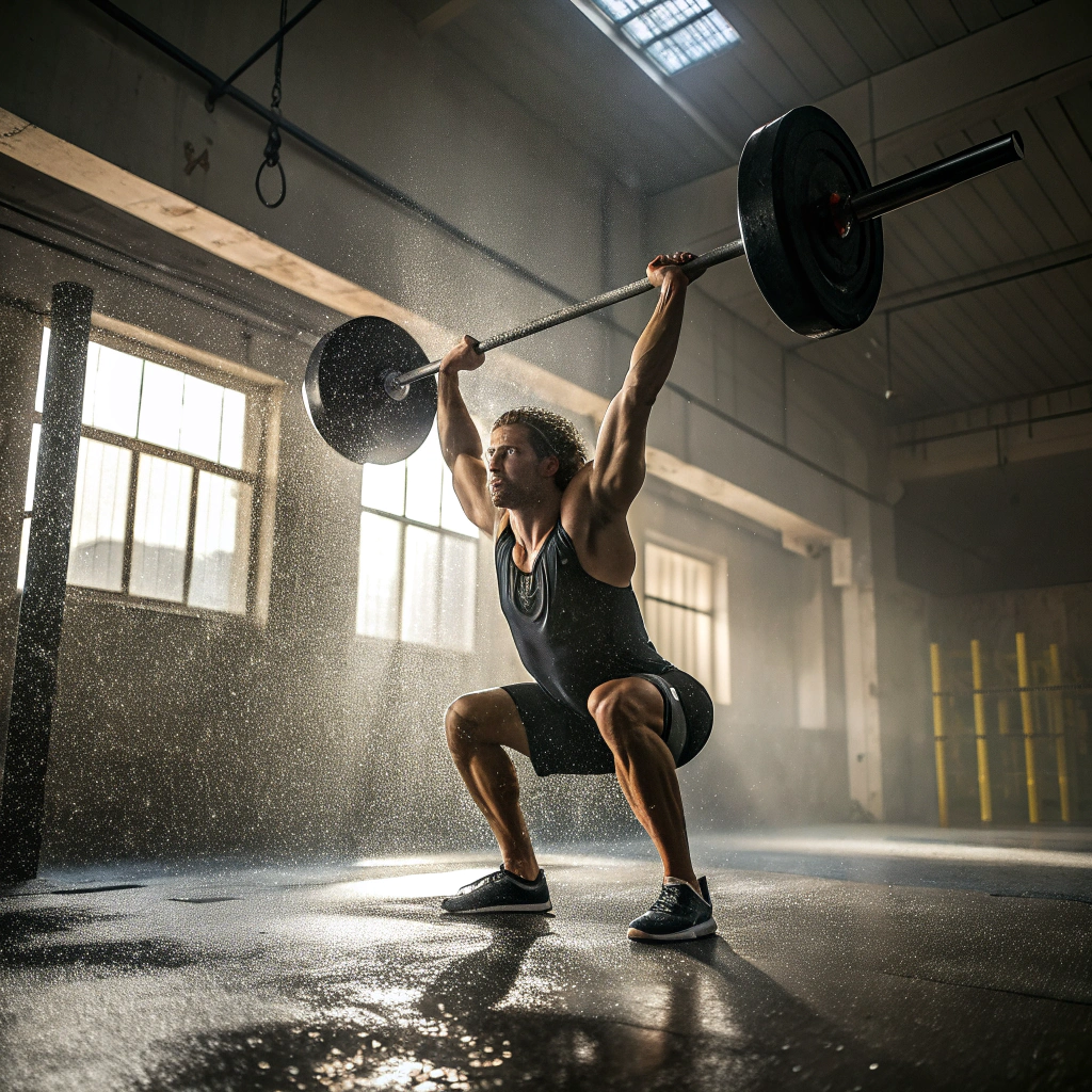 Atleta durante allenamento di Crossfit a Ravenna con bilanciere in posizione overhead squat
