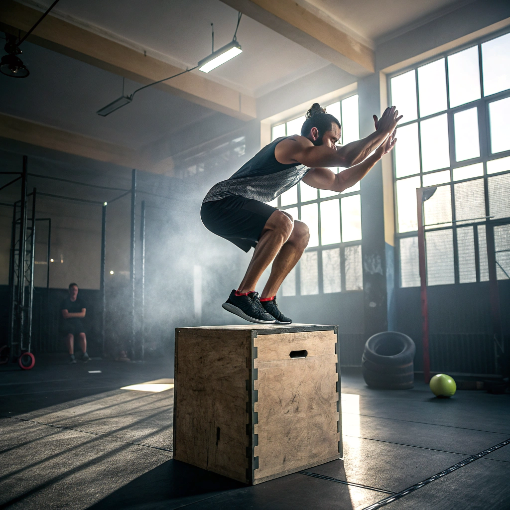 Atleta durante un box jump in un box di crossfit a Roma