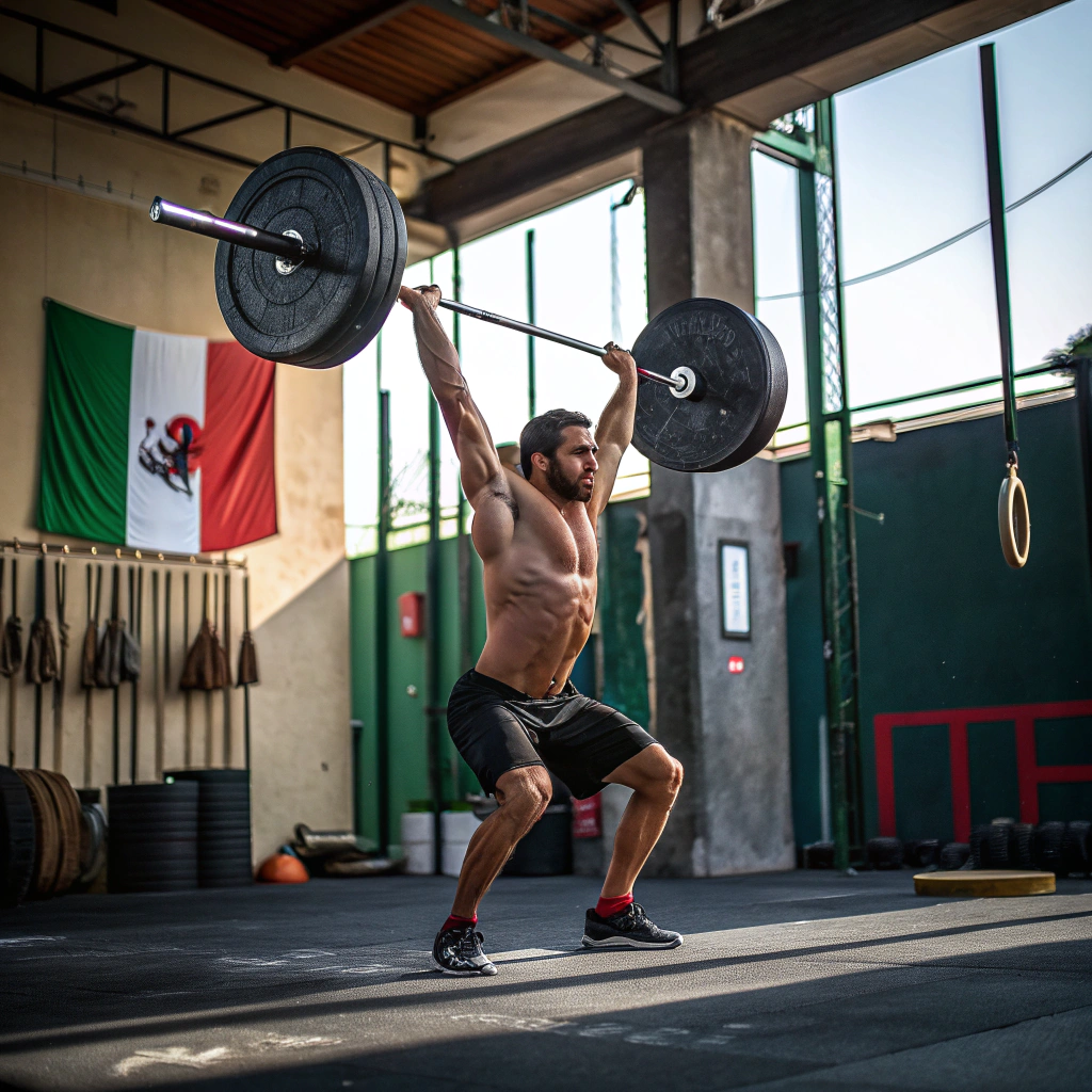 Atleta durante allenamento di Crossfit a Venezia con bilanciere
