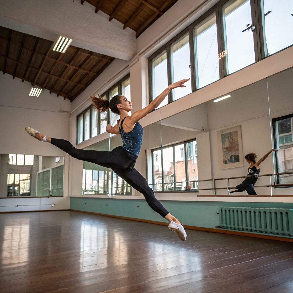 Ballerina durante una lezione di danza a Livorno, movimento dinamico in sala prove