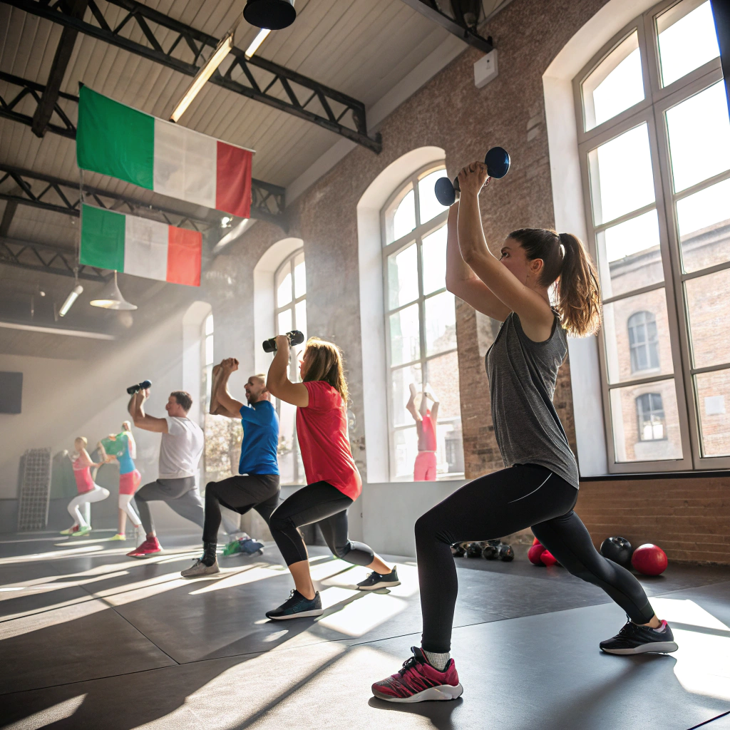 Lezione di fitness di gruppo in palestra a Rimini con partecipanti di diverse età