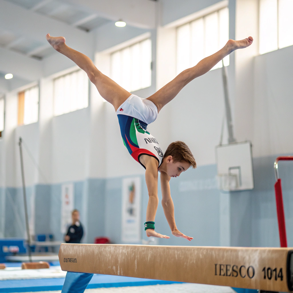 Ginnasta durante esercizio alla trave in palestra di ginnastica artistica a Milano