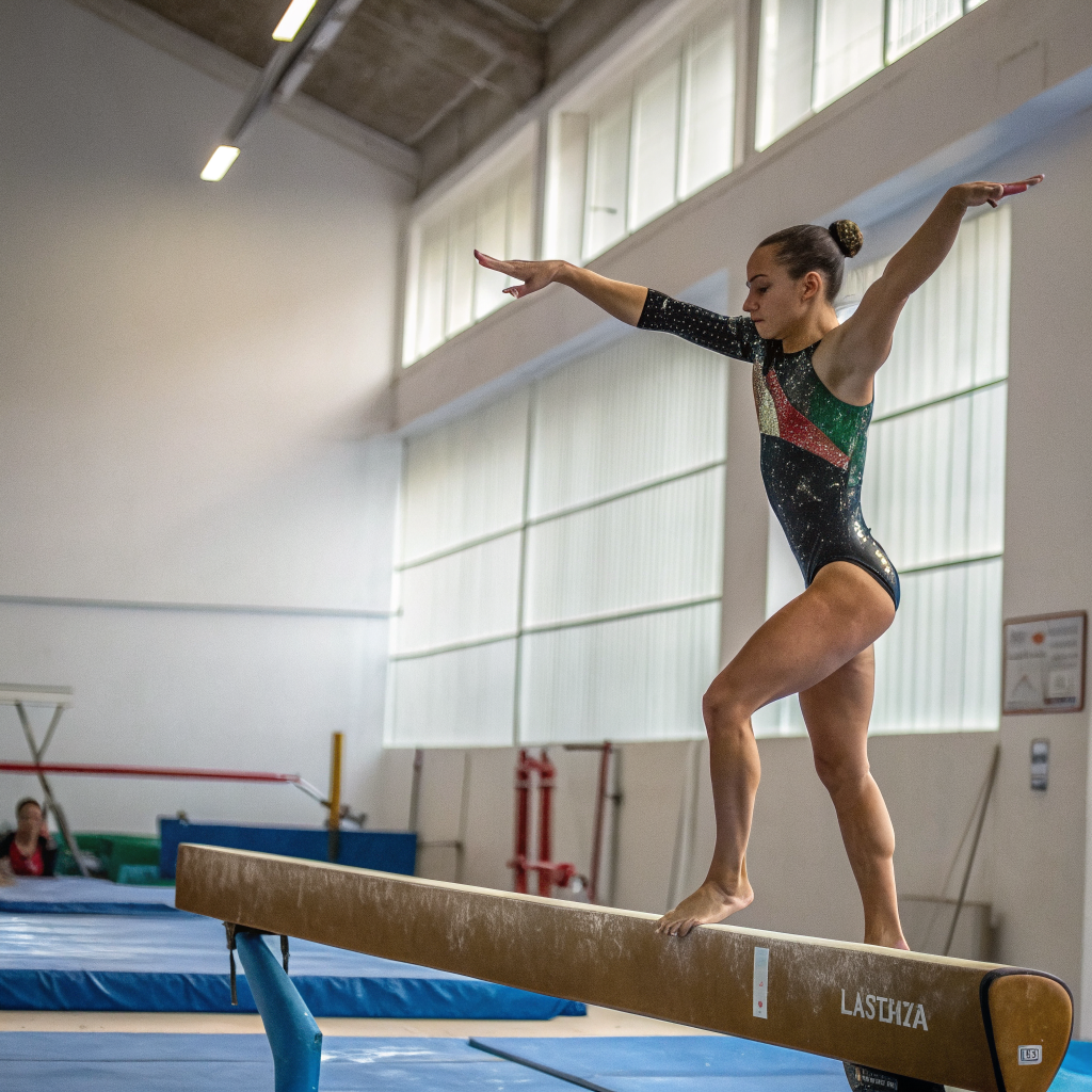 Ginnasta durante esercizio su trave in palestra a Napoli