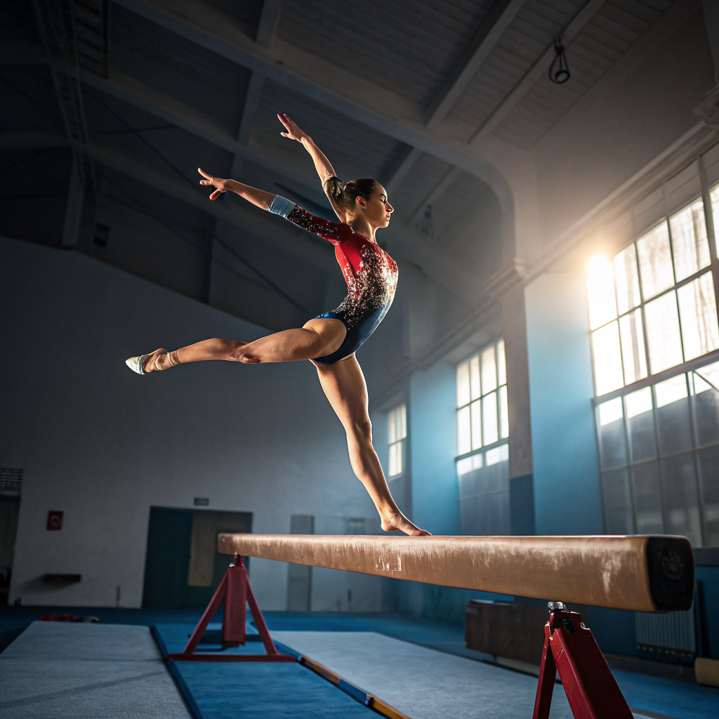 Ginnasta durante esercizio sulla trave in palestra di ginnastica artistica a Reggio Emilia