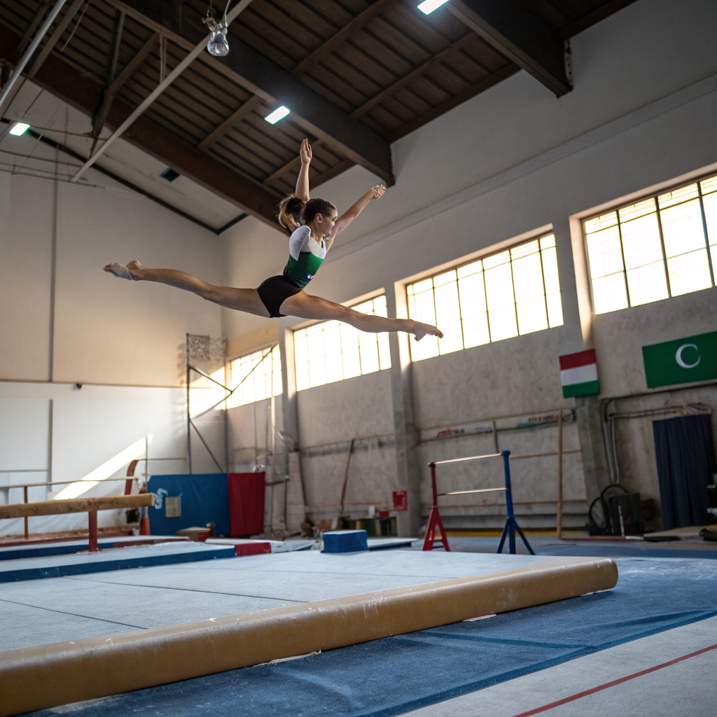 Ginnasta durante esercizio di ginnastica artistica in palestra a Verona