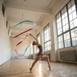 Giovane atleta durante allenamento di ginnastica ritmica con nastro a Padova