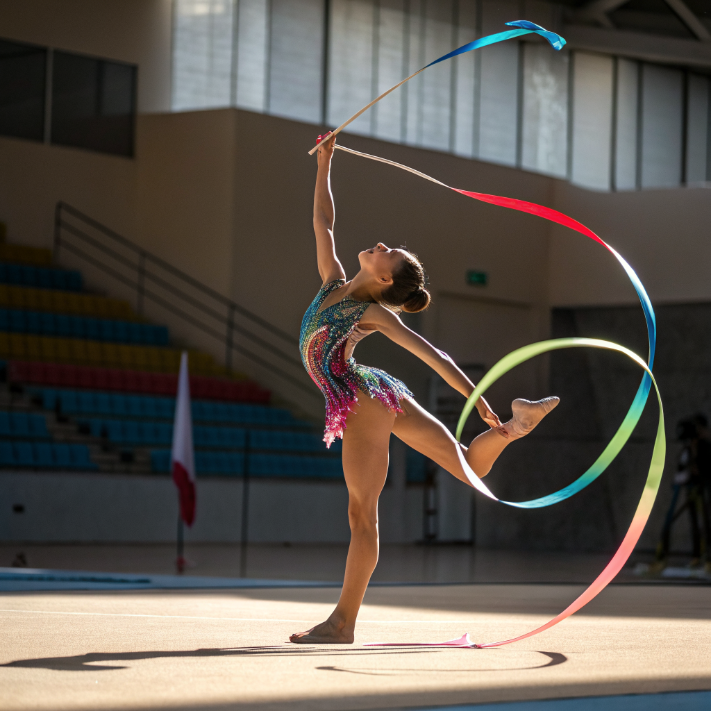 Atleta di ginnastica ritmica durante esercizio con nastro su pedana a Roma